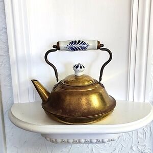 Vintage Brass Teapot with Ceramic Handle - Blue and White Ceramic Handle